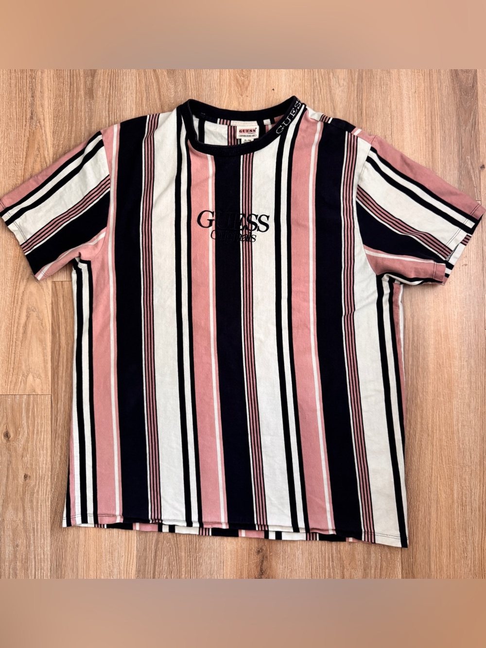 GUESS Pink, Navy & White Vertical Stripe Tee
